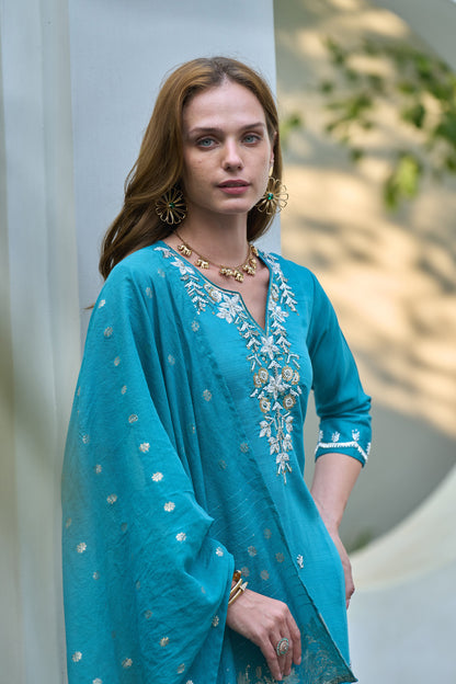 Blue Vatican Kurta Set with Embroidered Neckline & Chanderi Jacquard Dupatta