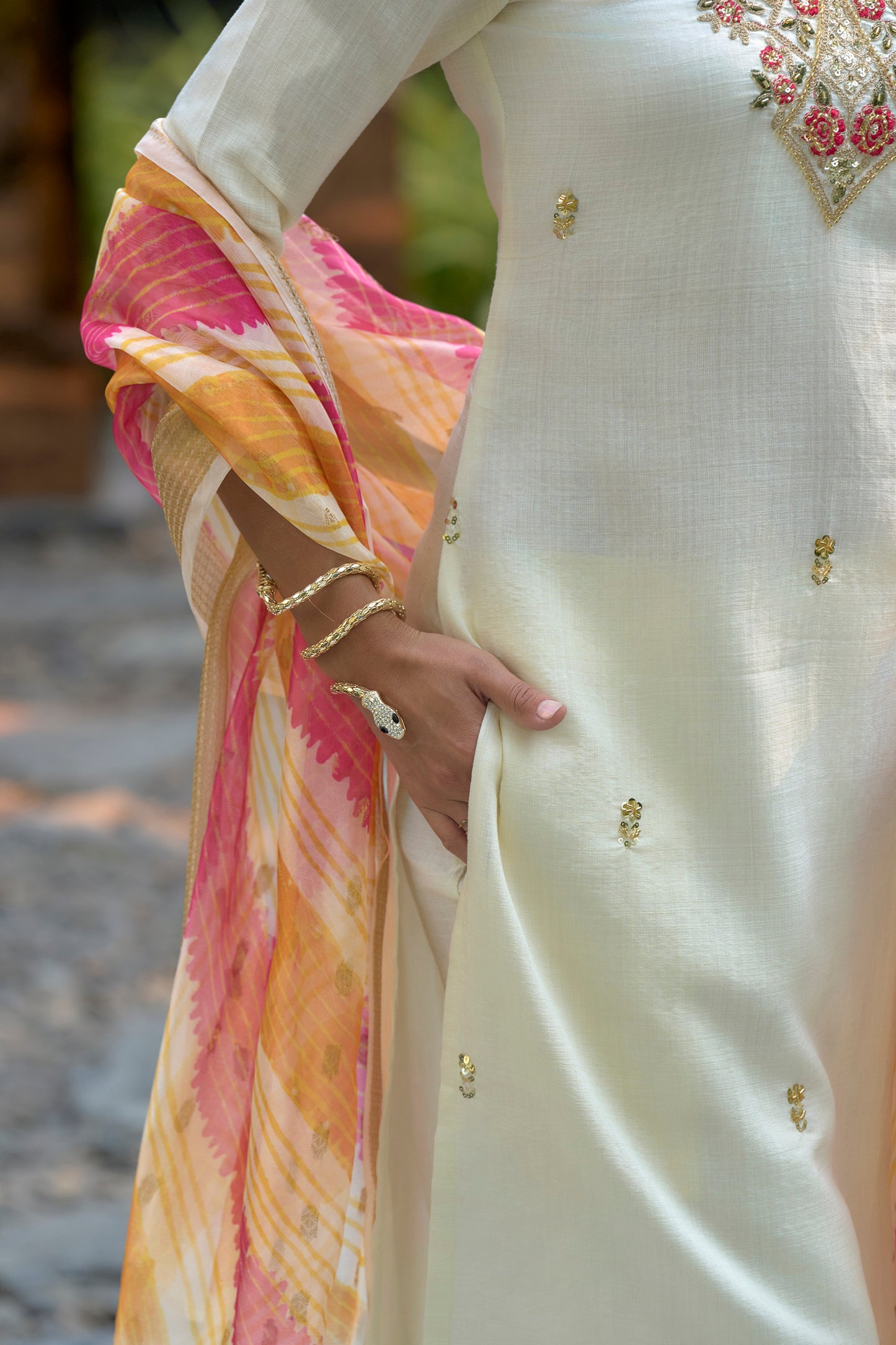 Cream Vatican Kurta Set with Embroidered Neckline & Chanderi Butti Dupatta