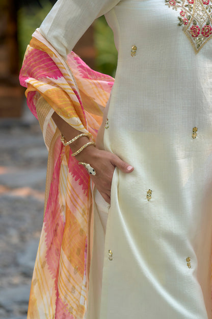 Cream Vatican Kurta Set with Embroidered Neckline & Chanderi Butti Dupatta