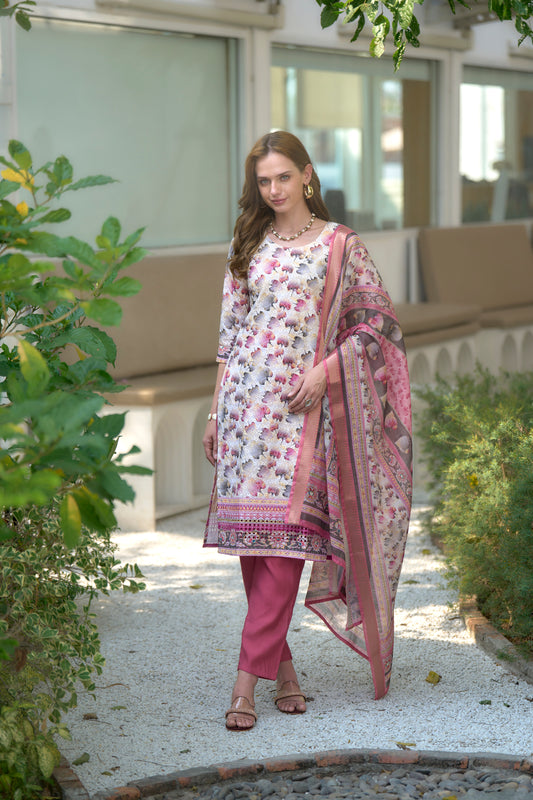 White & Pink Cotton Printed Kurta Set with Embroidered Neckline & Linen Dupatta
