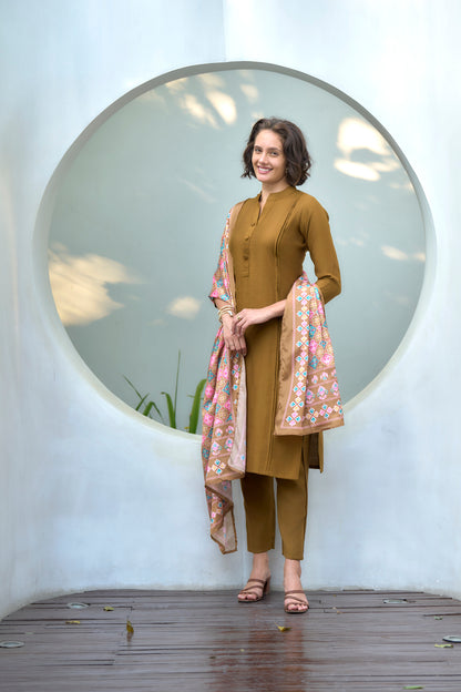 Mustard Yellow Vatican Kurta Set with Embroidered Neckline & Chinnon Dupatta