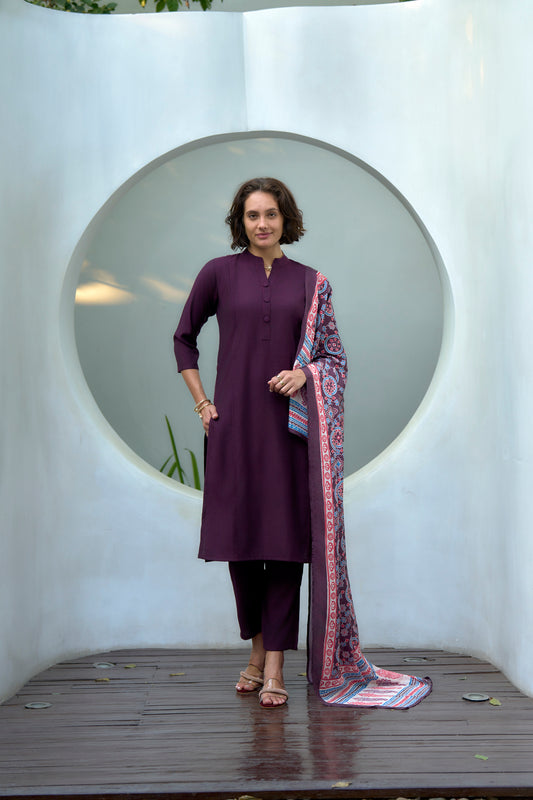 Wine Vatican Kurta Set with Embroidered Neckline and Chinnon Dupatta