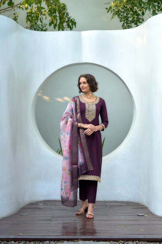 Purple Vatican Kurta Set with Embroidered Neckline & Chanderi Butti Dupatta