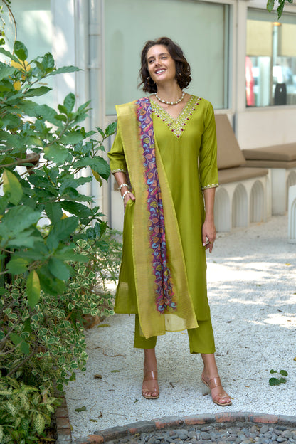 Lime Green Vatican Kurta Set with Embroidered Neckline & Chanderi Butti Dupatta