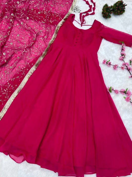 Luxurious Fox Georgette Rani Pink Gown Set with Heavy Sequins and Jari Work