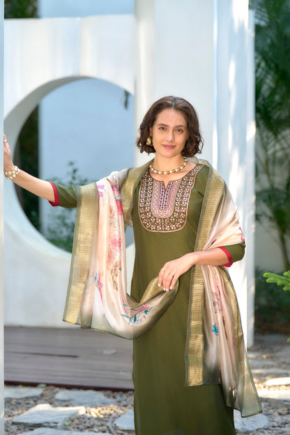 Mehendi Green Vatican Kurta Set with Embroidered Neckline & Organza Butti Dupatta