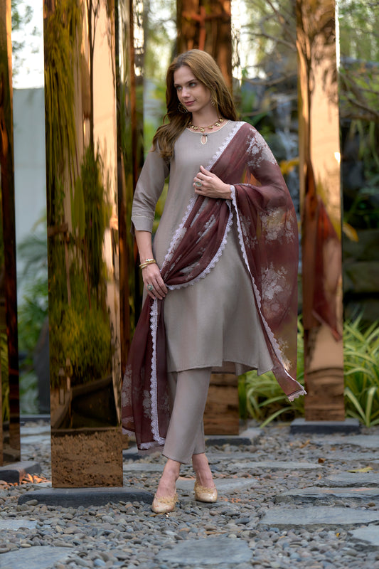 Brown Vatican Kurta Set with Embroidered Neckline and Organza Dupatta