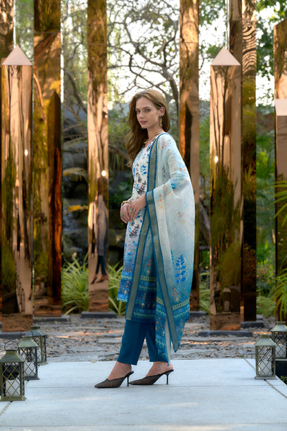 White & Blue Printed Cotton Kurta Set with Embroidered Neckline and Linen Dupatta