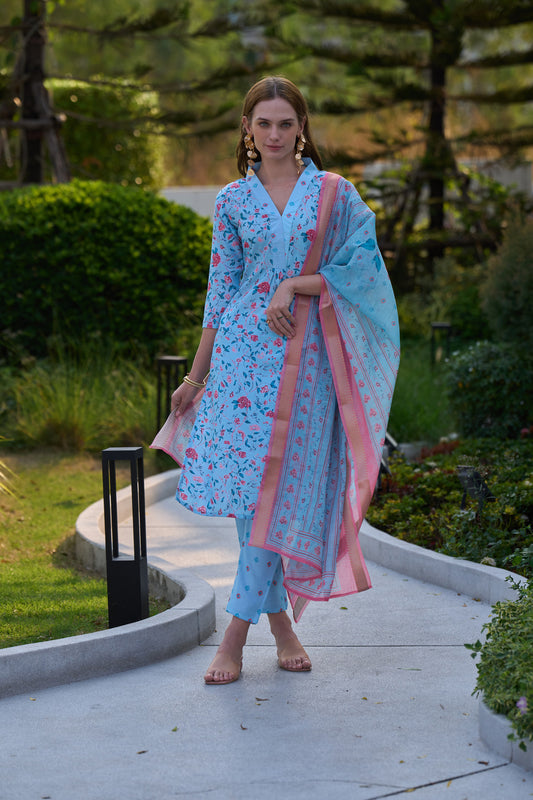 Sky Blue Vatican Floral Printed Kurta Set with Linen Dupatta