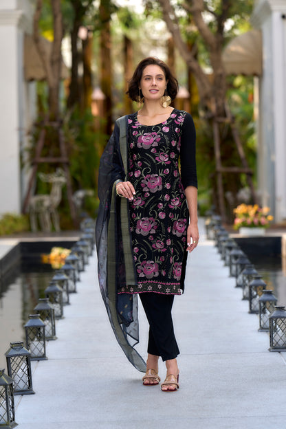Navy Blue Embroidered Rayon Kurta Set with Organza Butti Dupatta