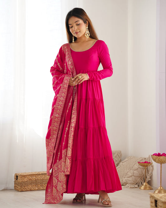 Pure Romansilk Chanderi Fabric Fully Flair Anarkali with Dupatta & Pent Ready to Wear Set