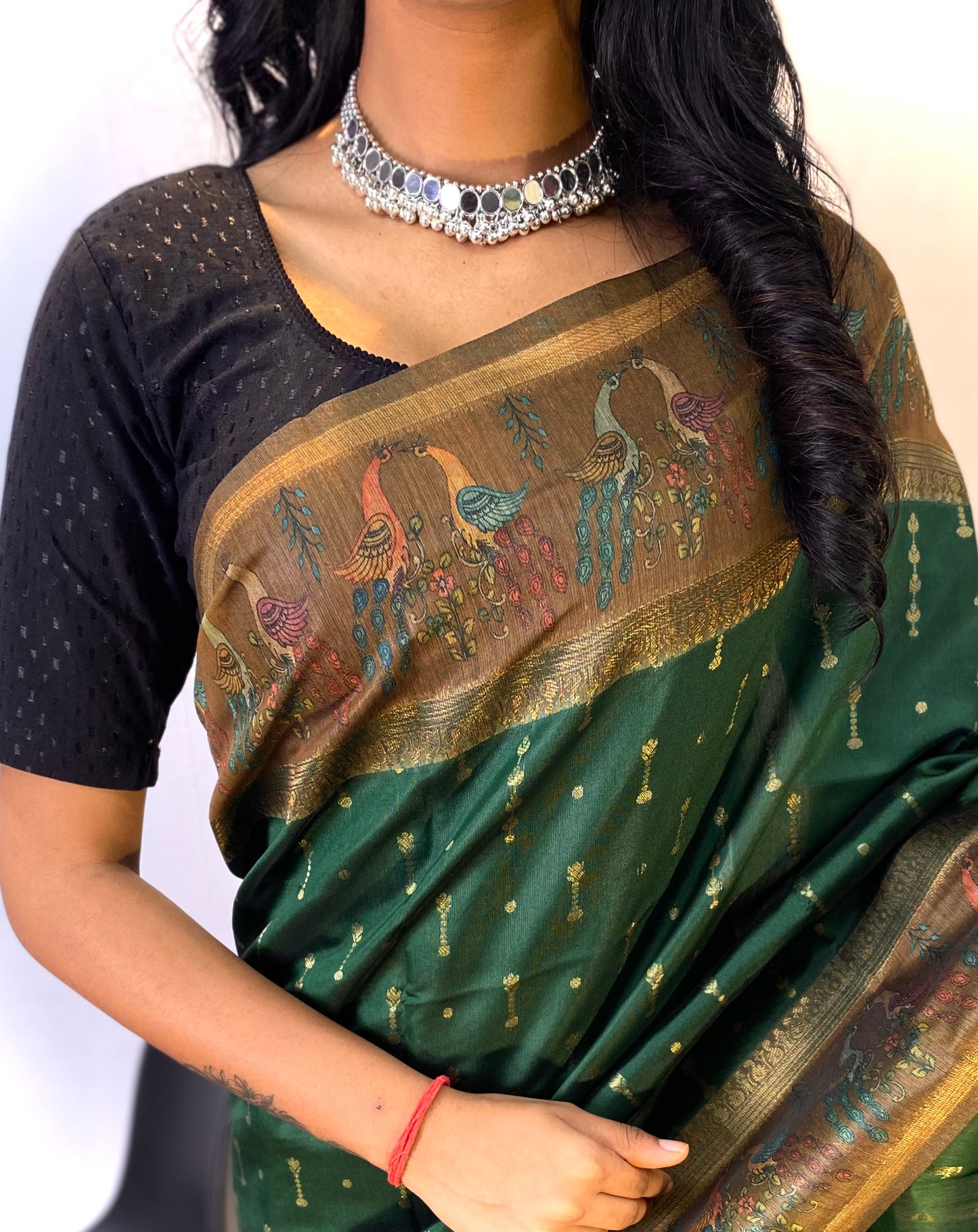 Green Chanderi Silk Sarees With Contrast Pallu & Border Printed With Contrast Blouse