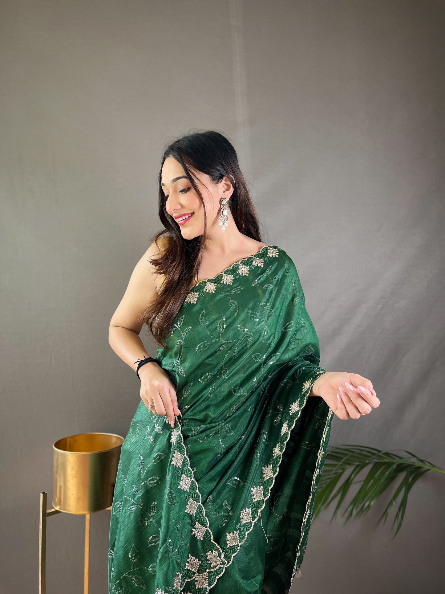 Presenting Ready To Wear Green Color Silk Saree