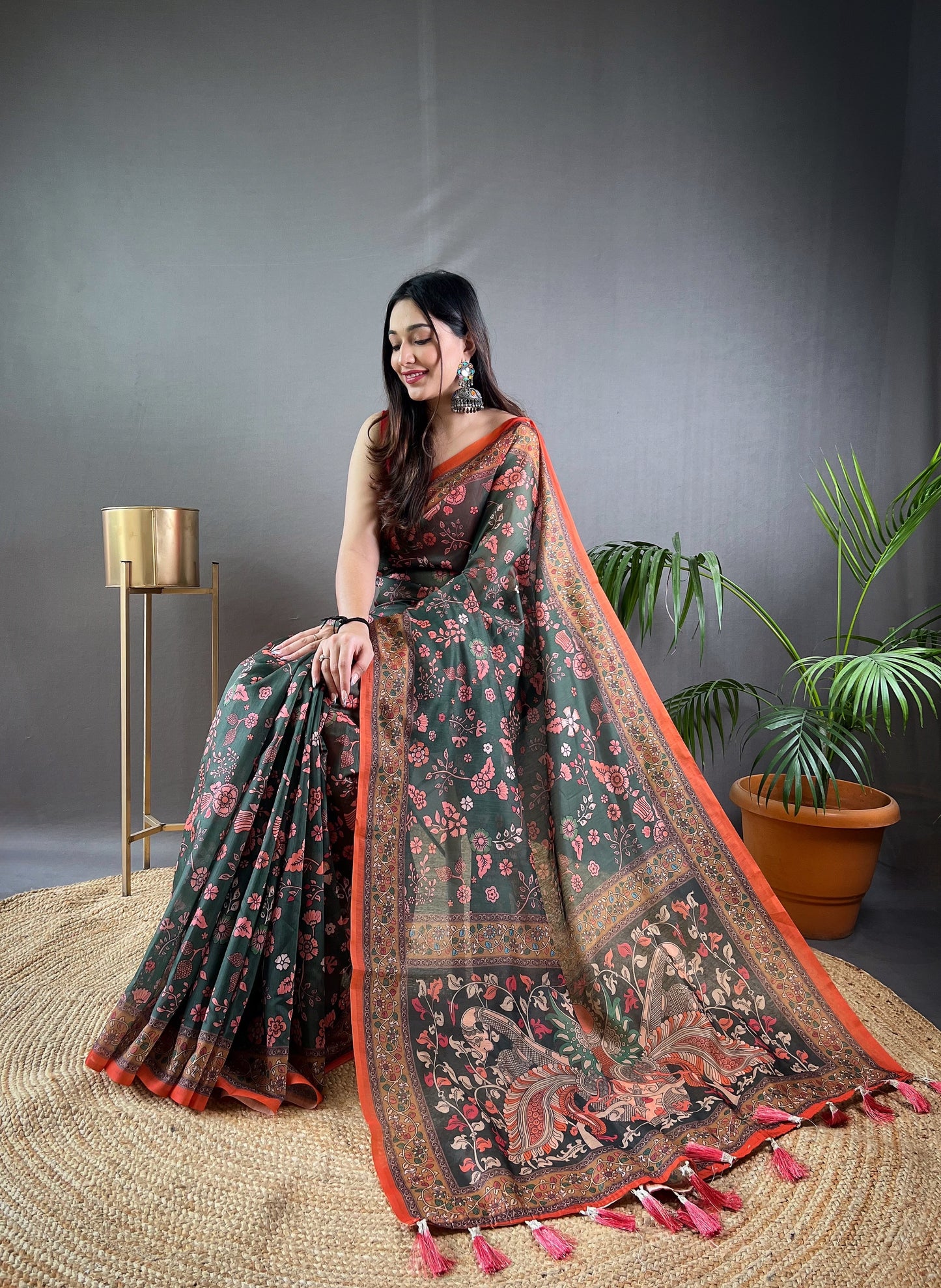 Bottle Green Floral Print Saree with Contrast Border