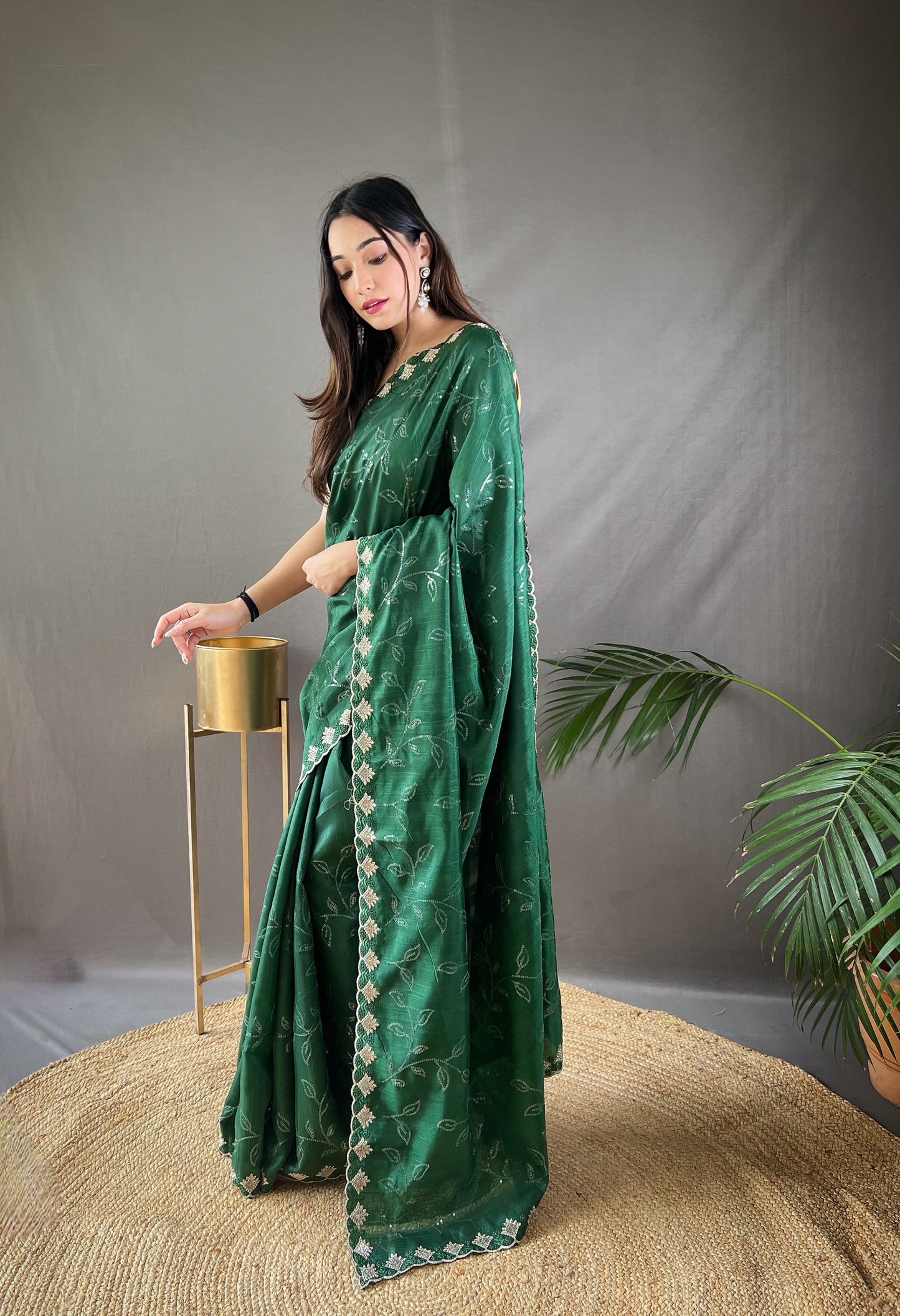 Presenting Ready To Wear Green Color Silk Saree