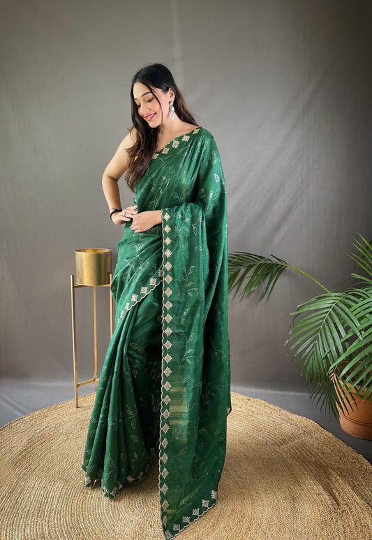 Presenting Ready To Wear Green Color Silk Saree