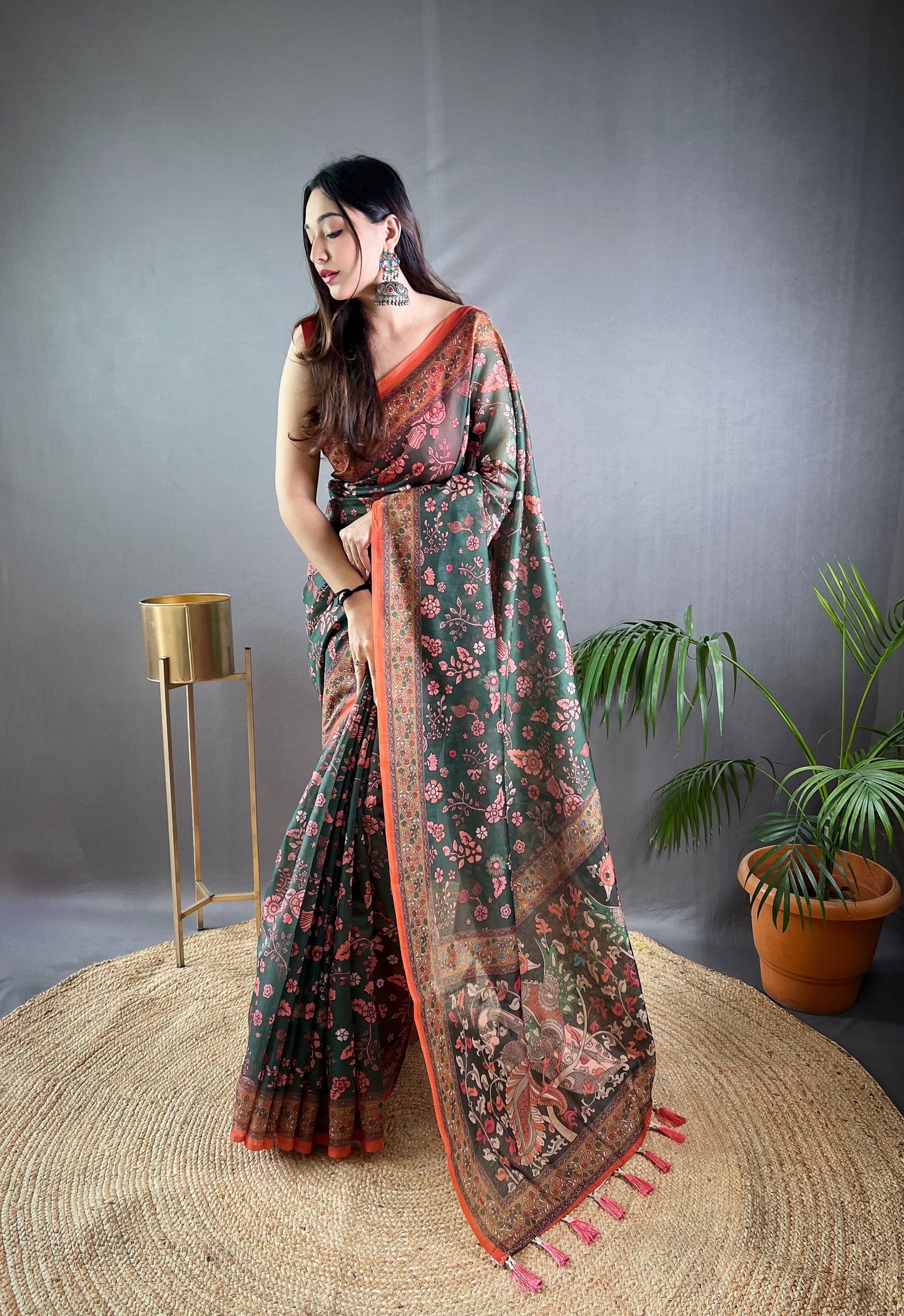 Bottle Green Floral Print Saree with Contrast Border