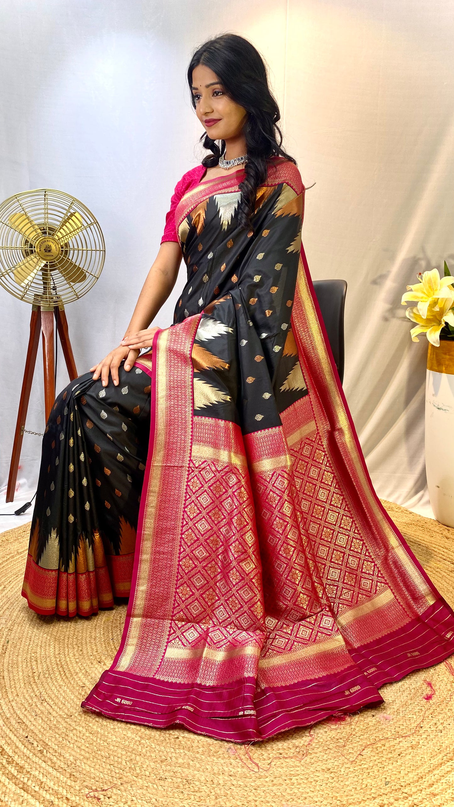 Black Print Work Silk Traditional Saree