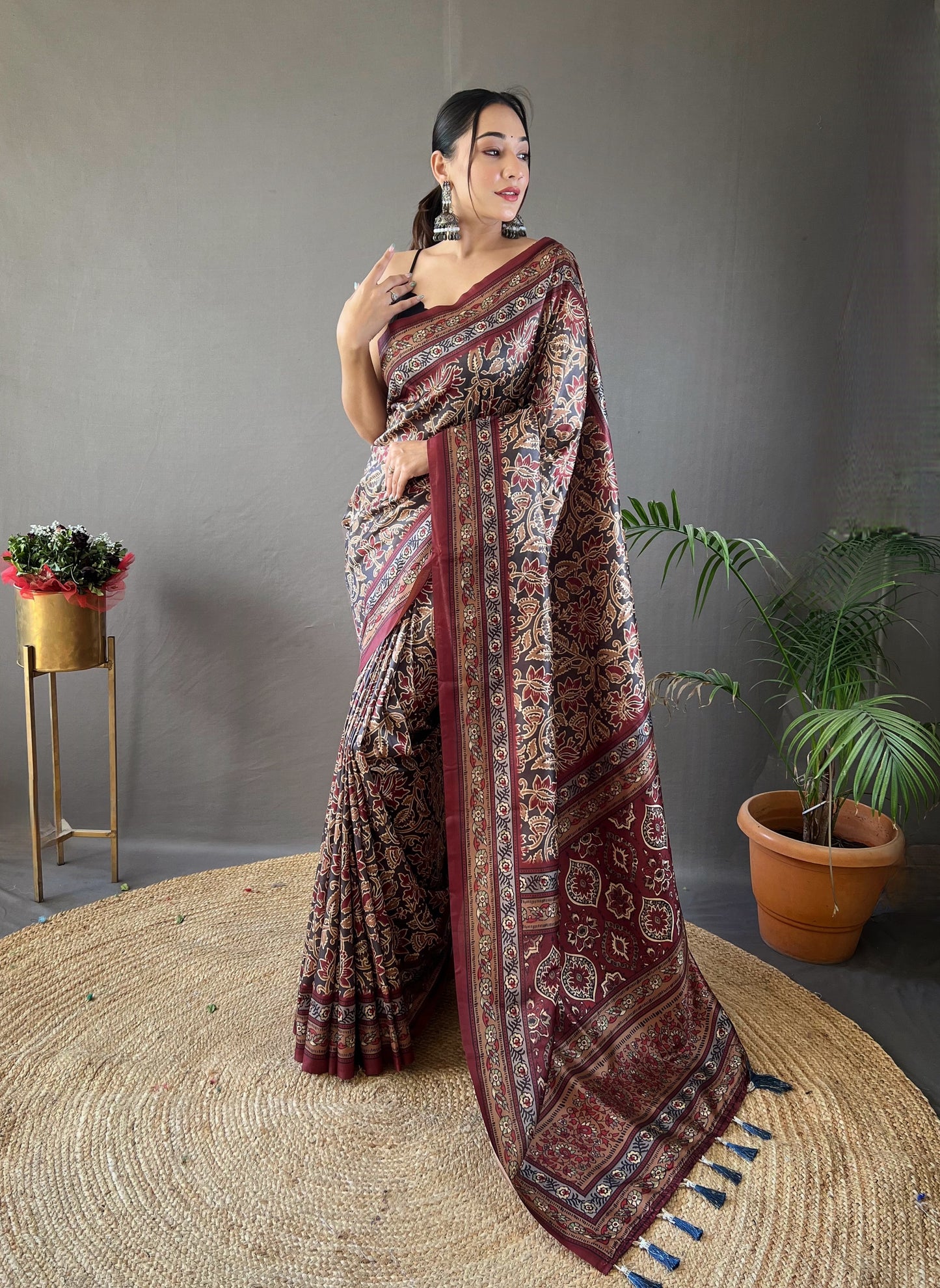 Floral Print Black Saree with Tassels