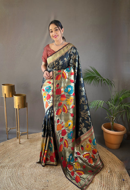 Black Woven Silk Saree Set