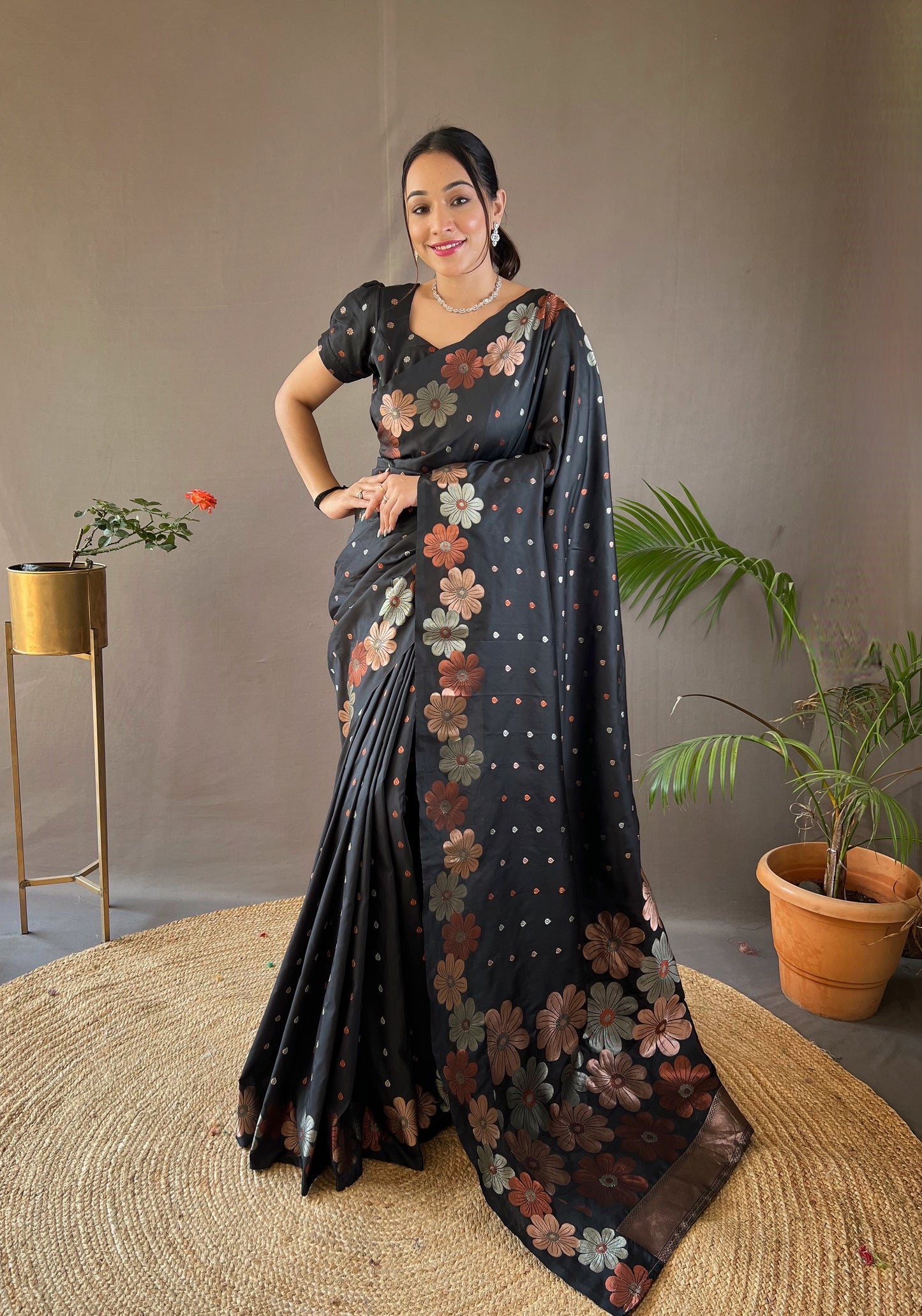 Black Woven Soft Silk Saree Set