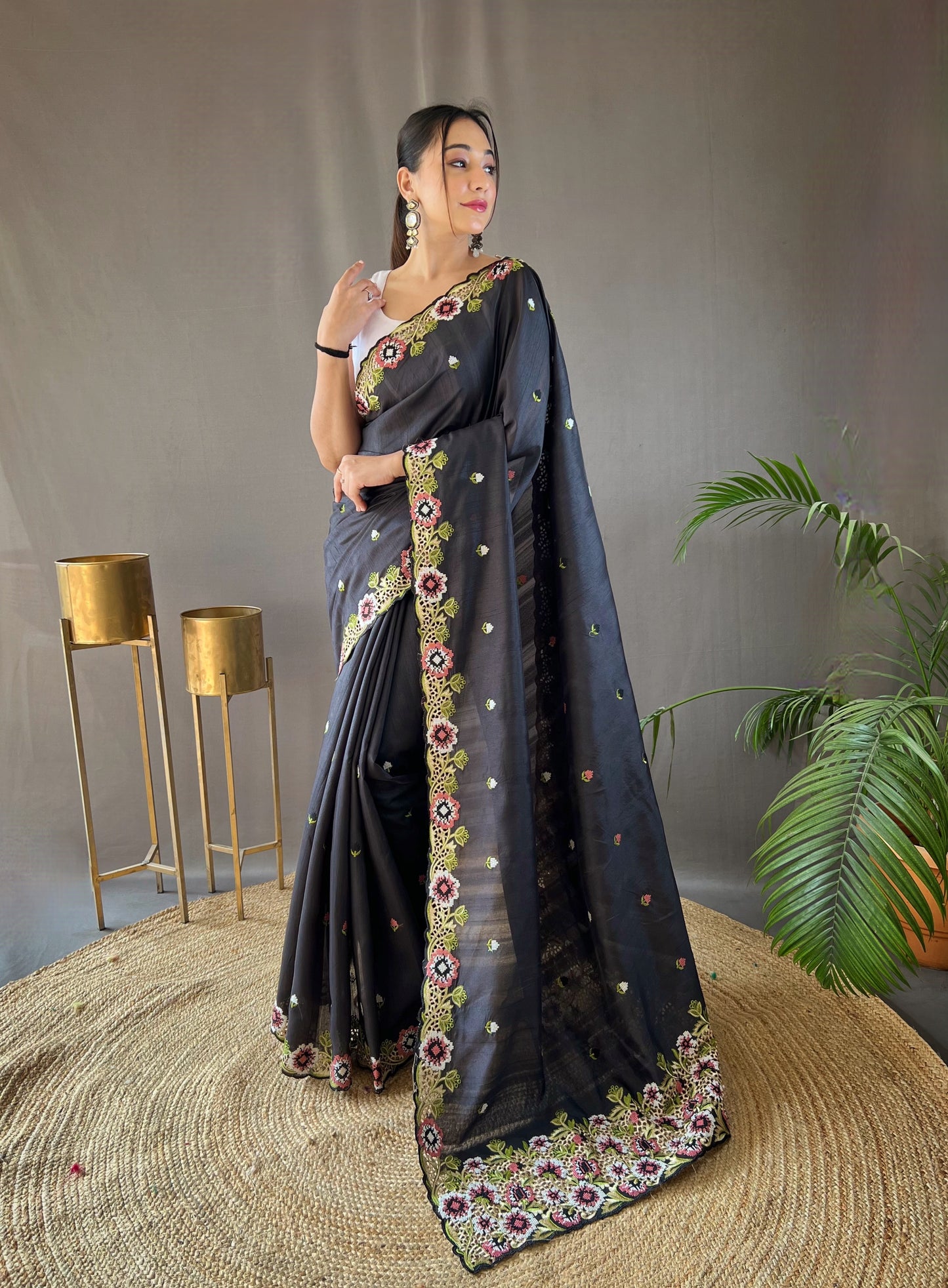 Black Floral Embroidered Tussar Silk Saree Set