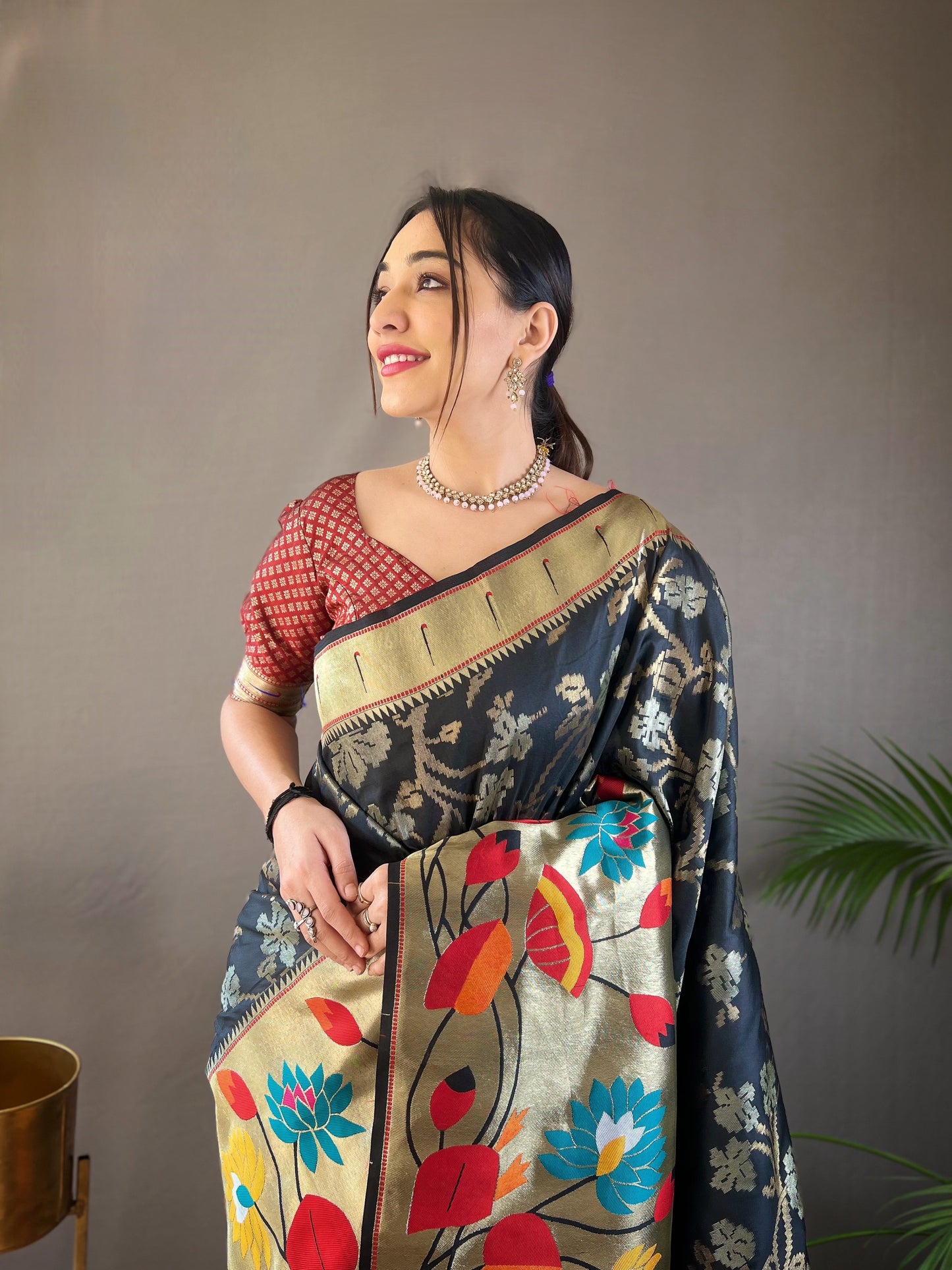 Black Woven Silk Saree Set