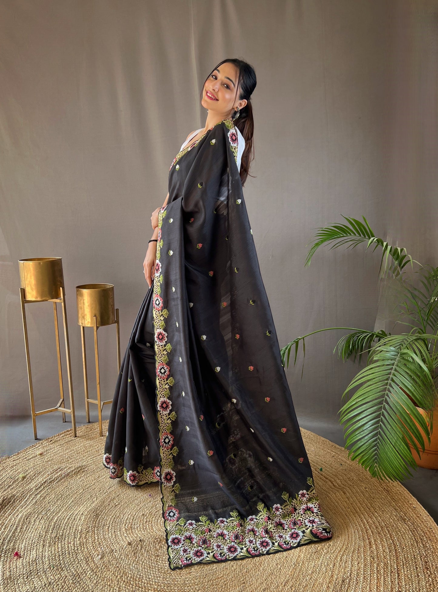 Black Floral Embroidered Tussar Silk Saree Set