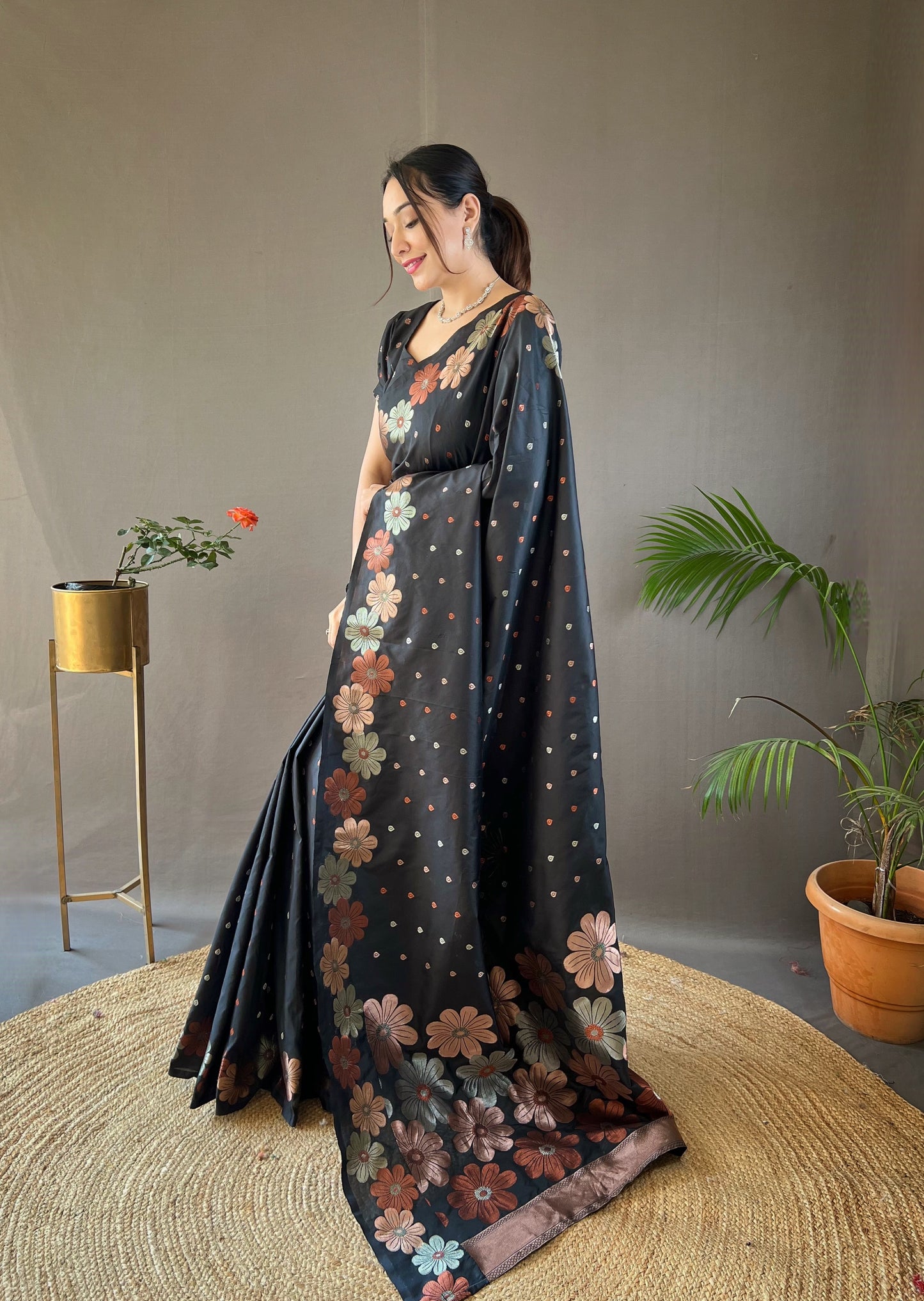 Black Woven Soft Silk Saree Set