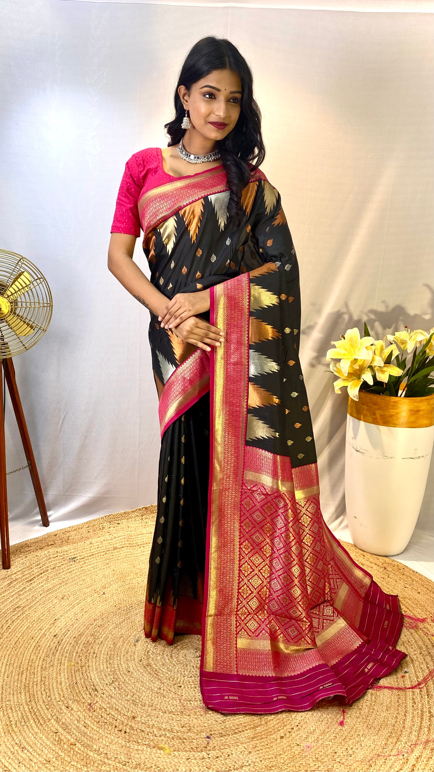 Black Print Work Silk Traditional Saree