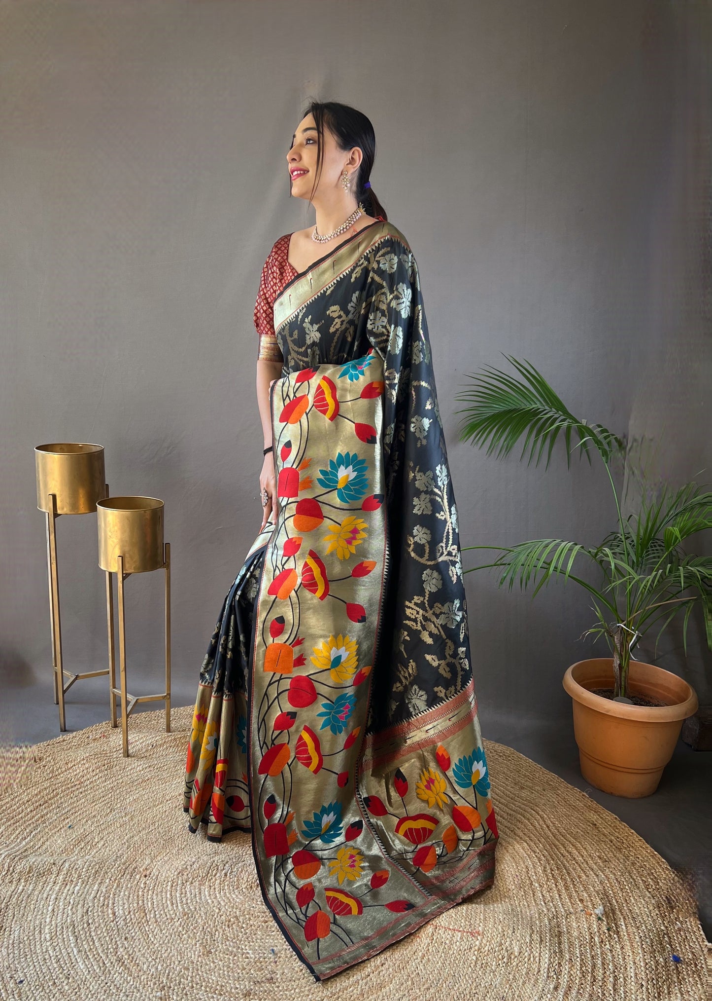 Black Woven Silk Saree Set