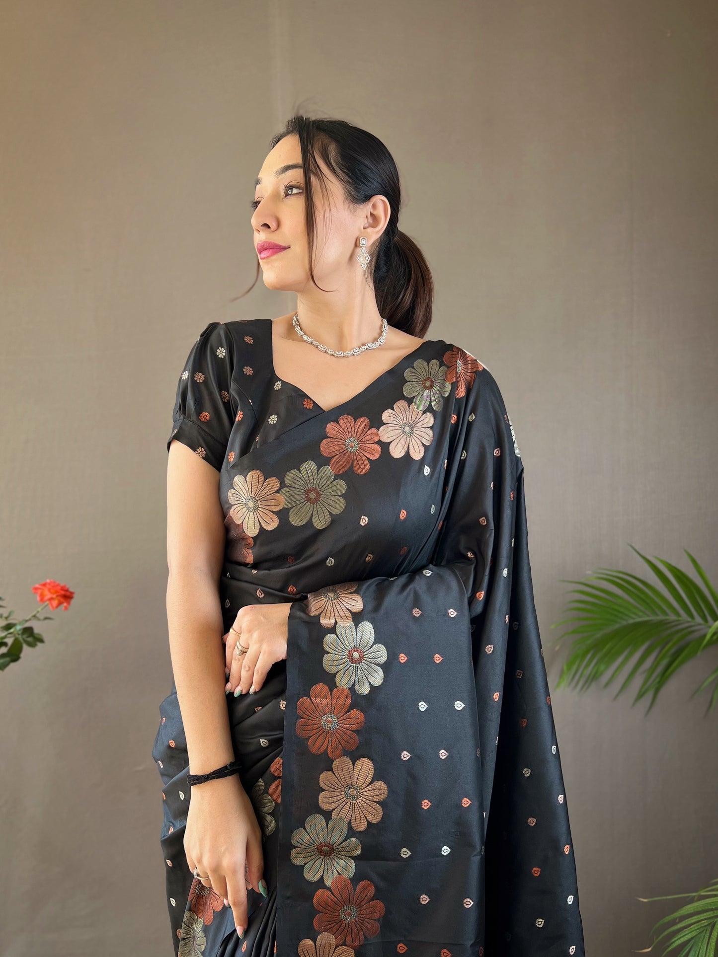 Black Woven Soft Silk Saree Set