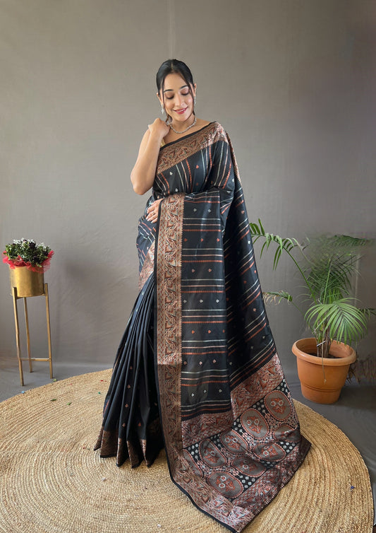 Glowing Black Soft Banarasi Silk Saree With Invaluable Blouse Piece