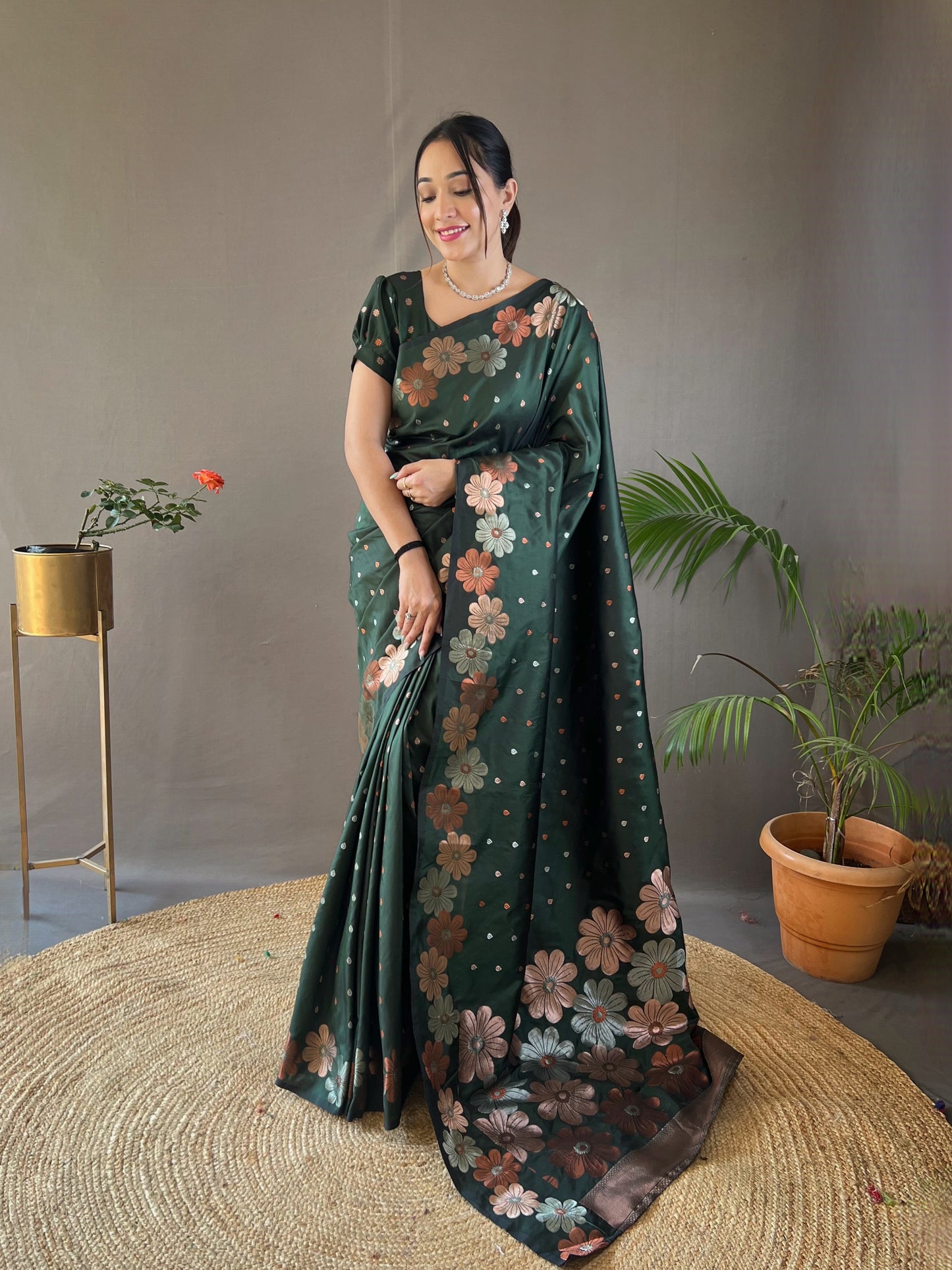 Bottle Green Woven Soft Silk Saree Set