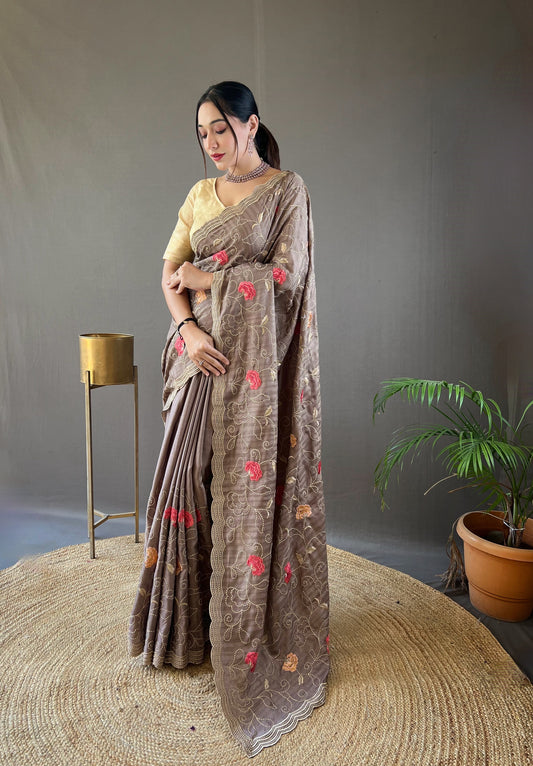 Brown Embroidered Saree with Scalloped Border