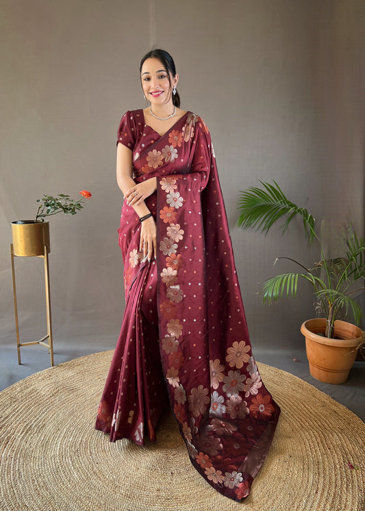 Maroon Woven Soft Silk Saree Set