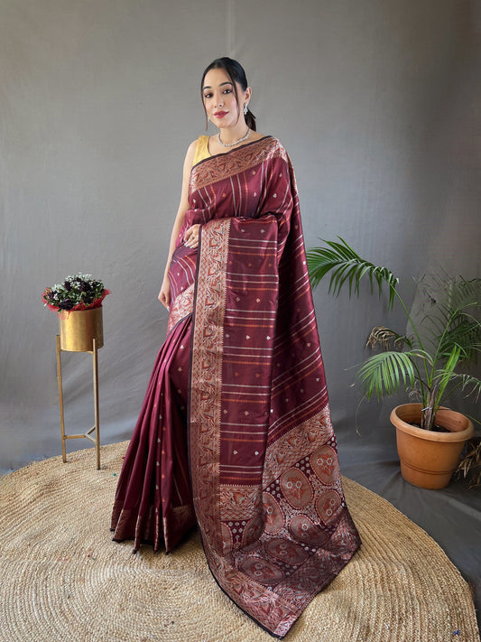 Imbrication Maroon Soft Banarasi Silk Saree With Ebullience Blouse Piece