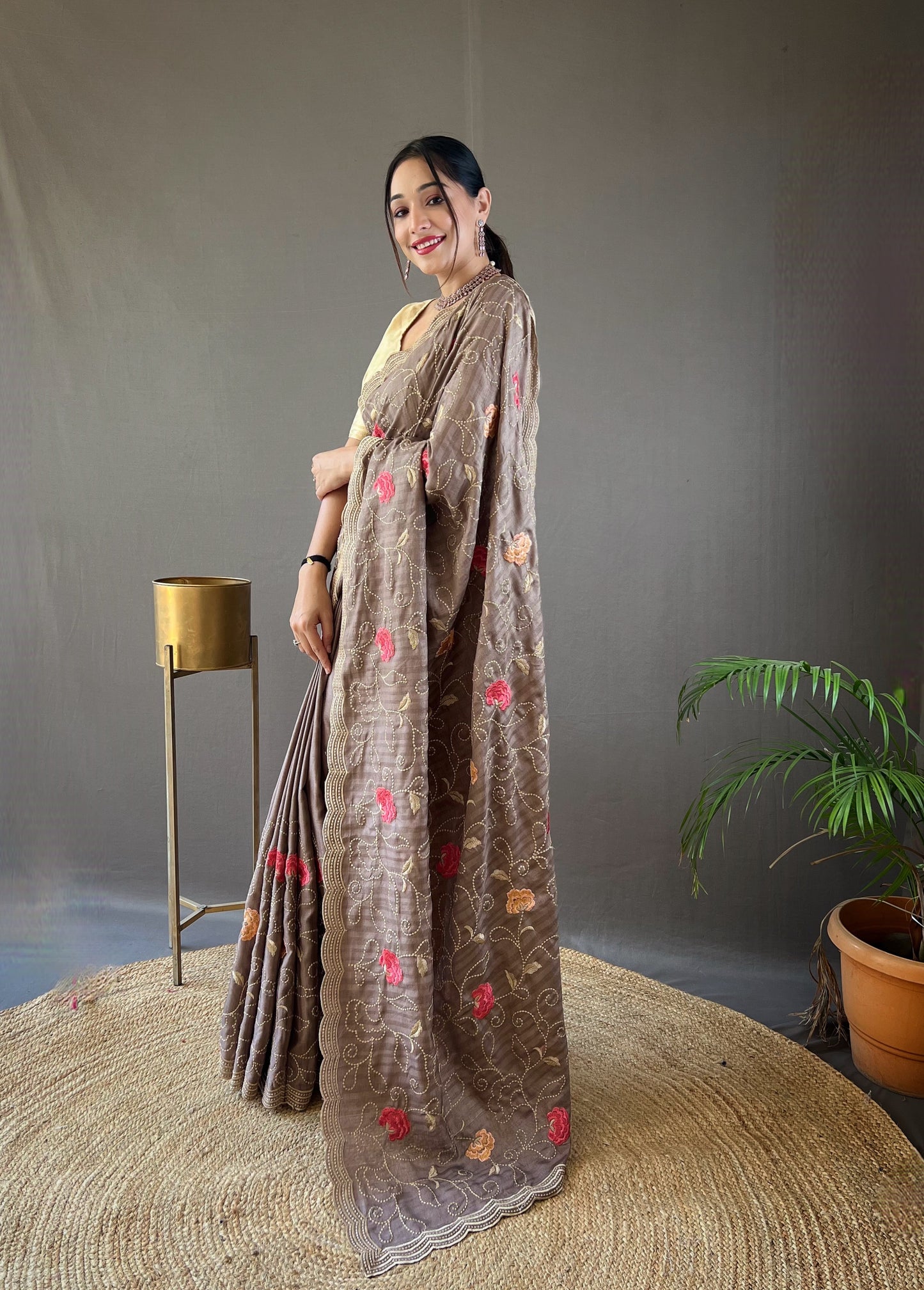 Brown Embroidered Saree with Scalloped Border