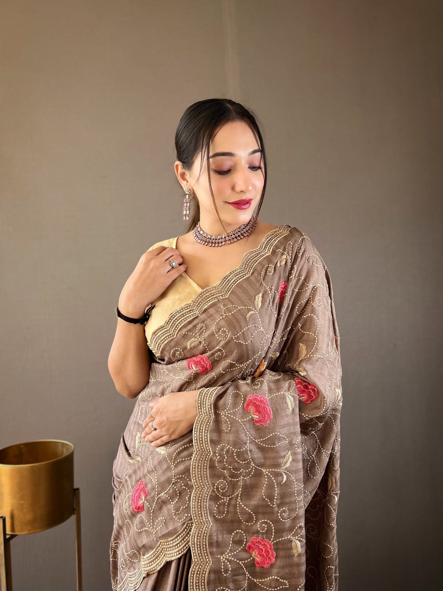 Brown Embroidered Saree with Scalloped Border