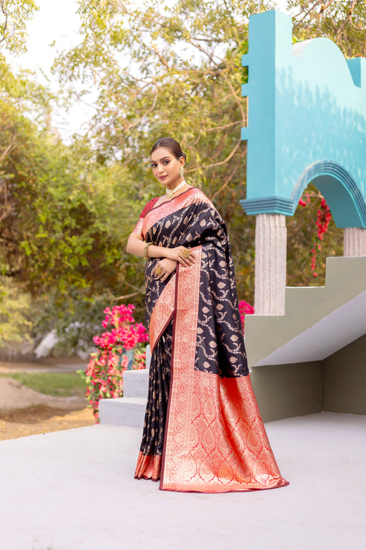 Oil Black Satin Banarasi Silk Saree