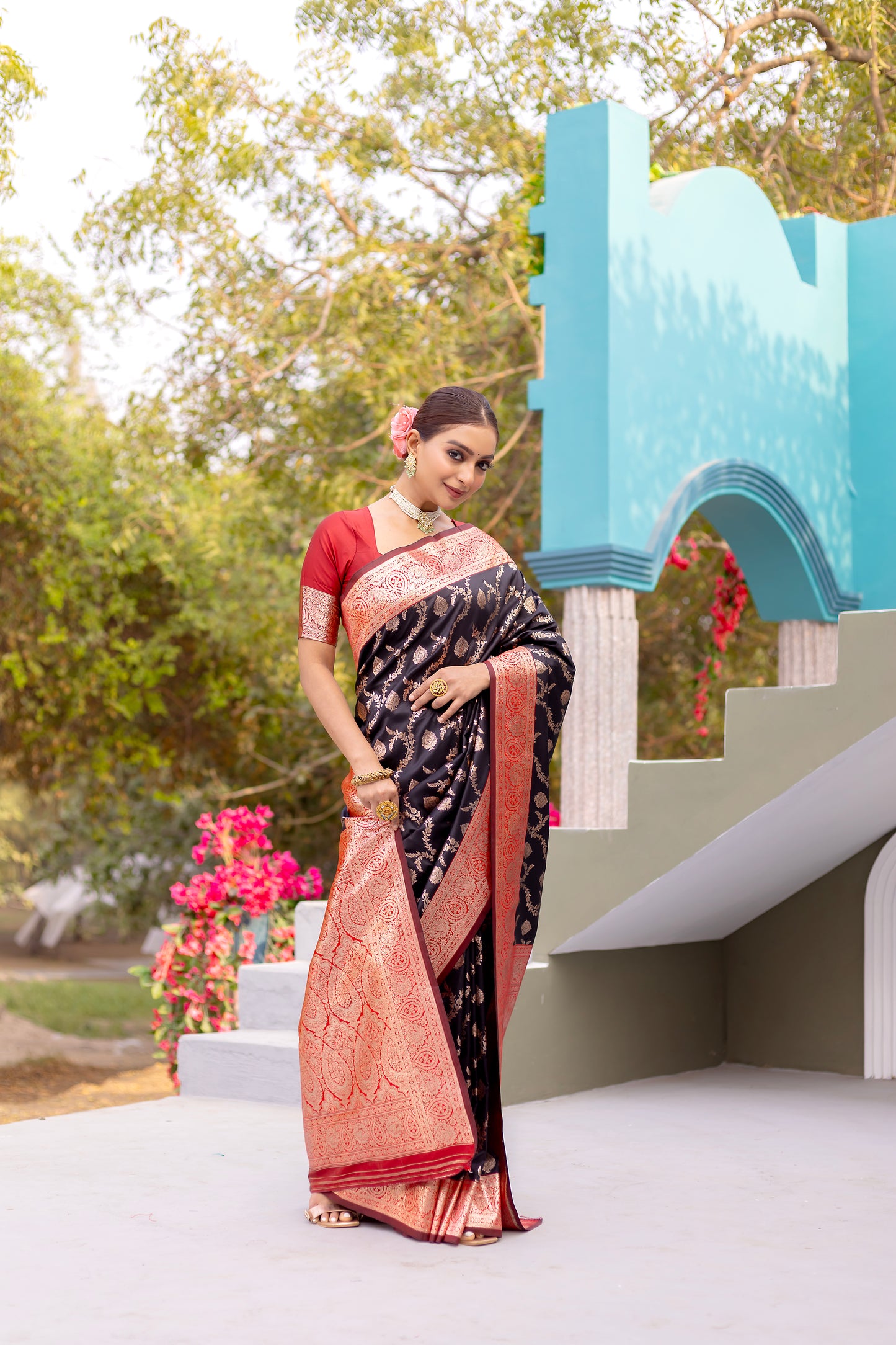 Oil Black Satin Banarasi Silk Saree