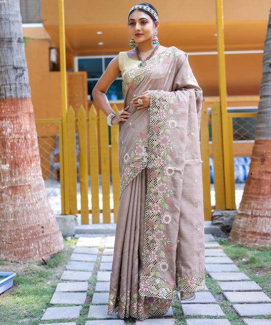 Brown Floral Embroidered Pure Silk Saree