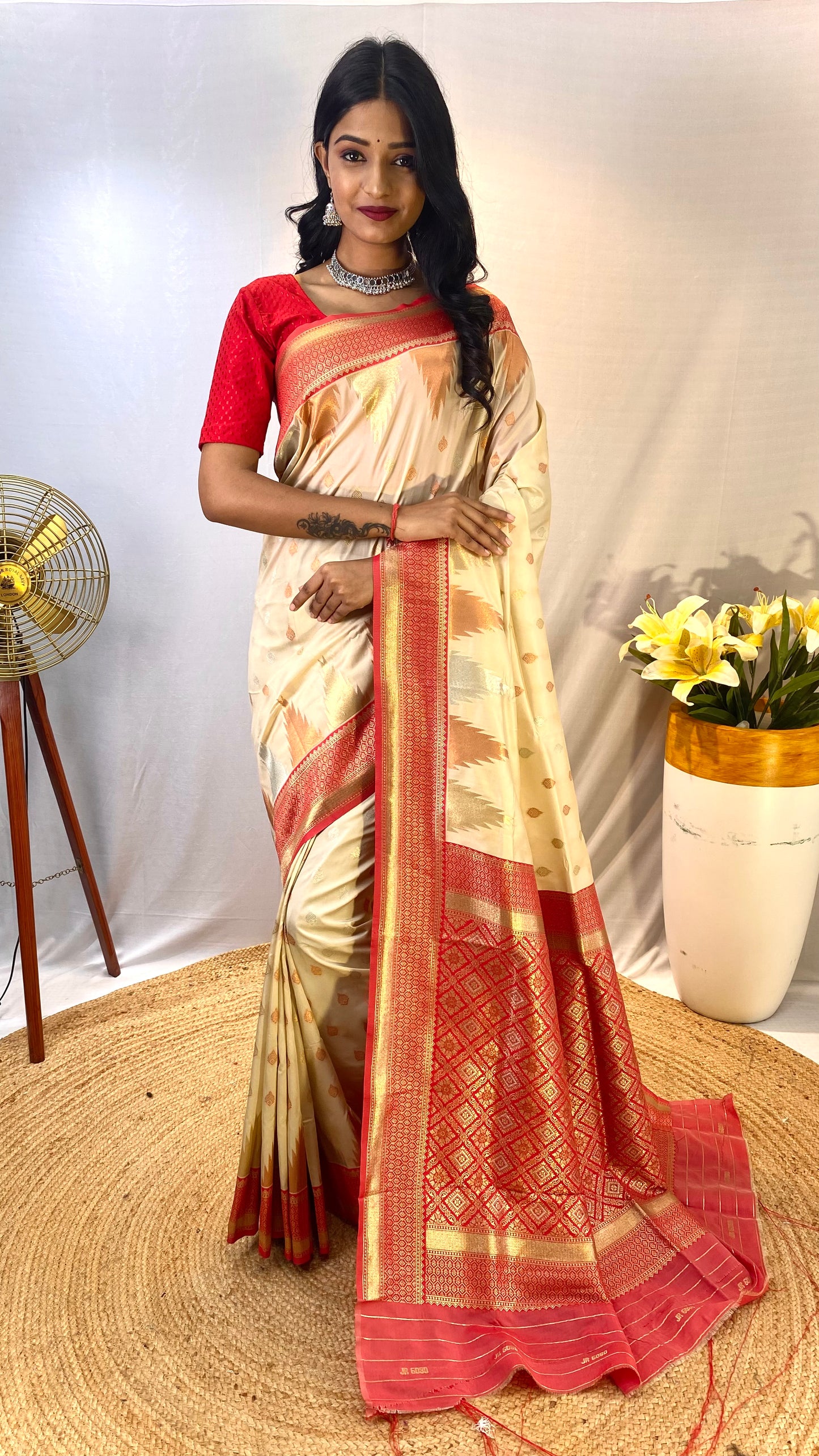 Cream Print Work Silk Traditional Saree