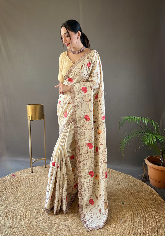 Cream Embroidered Saree with Scalloped Border