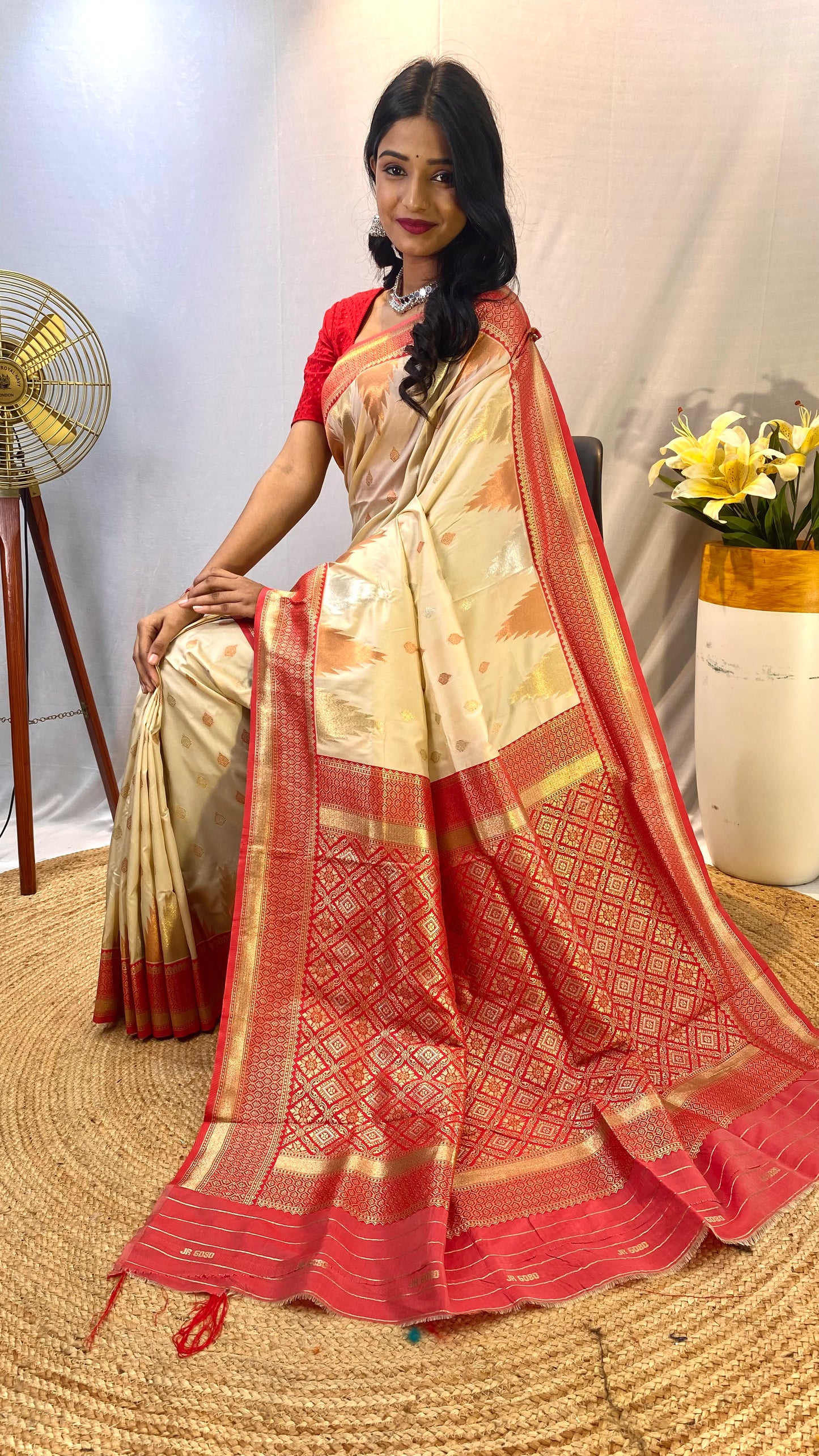 Cream Print Work Silk Traditional Saree