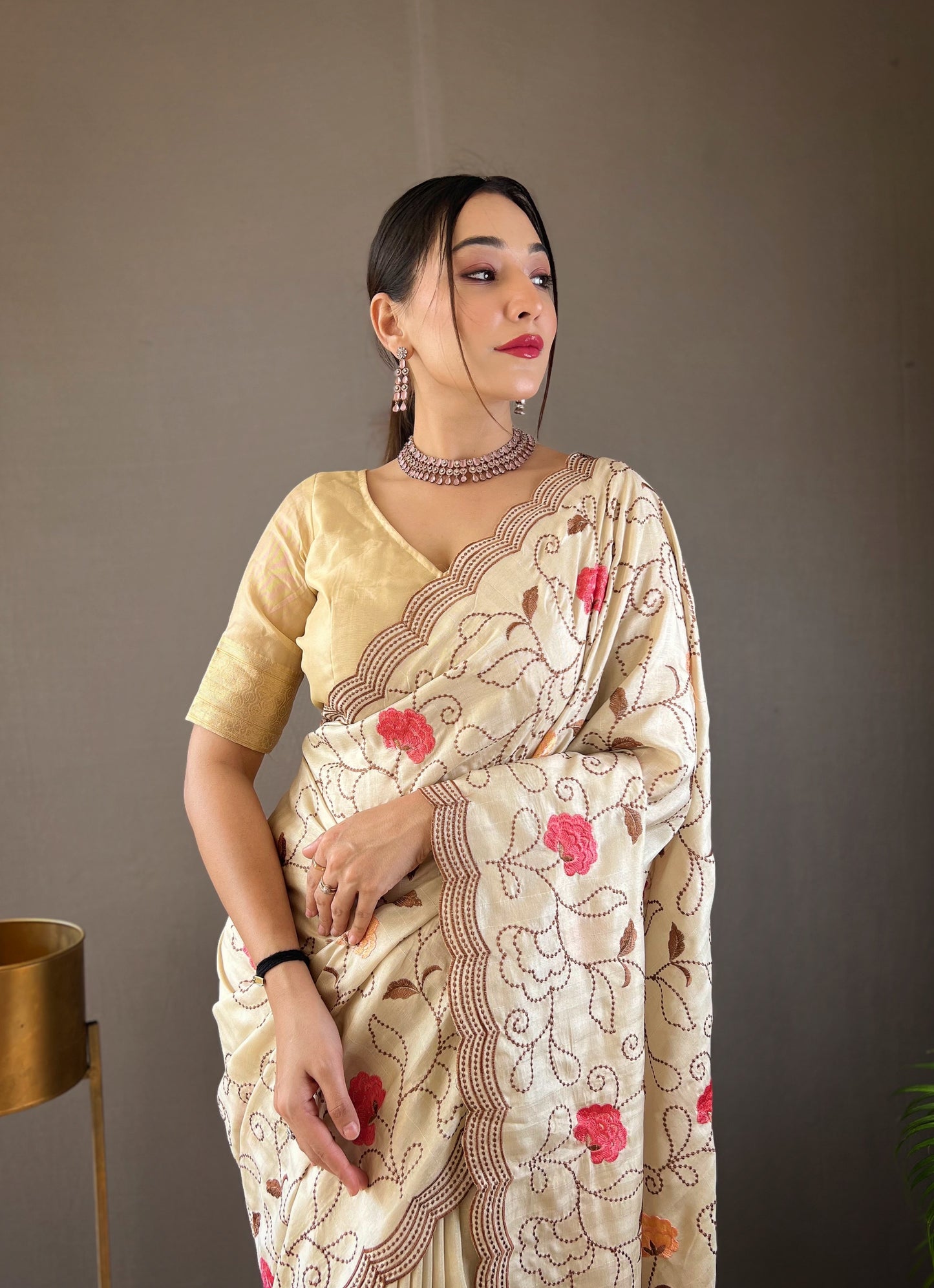 Cream Embroidered Saree with Scalloped Border