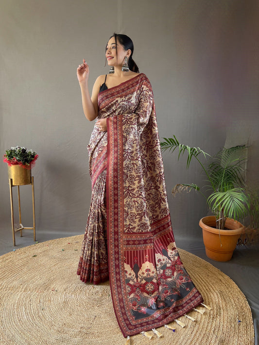 Floral Print Cream Saree with Tassels