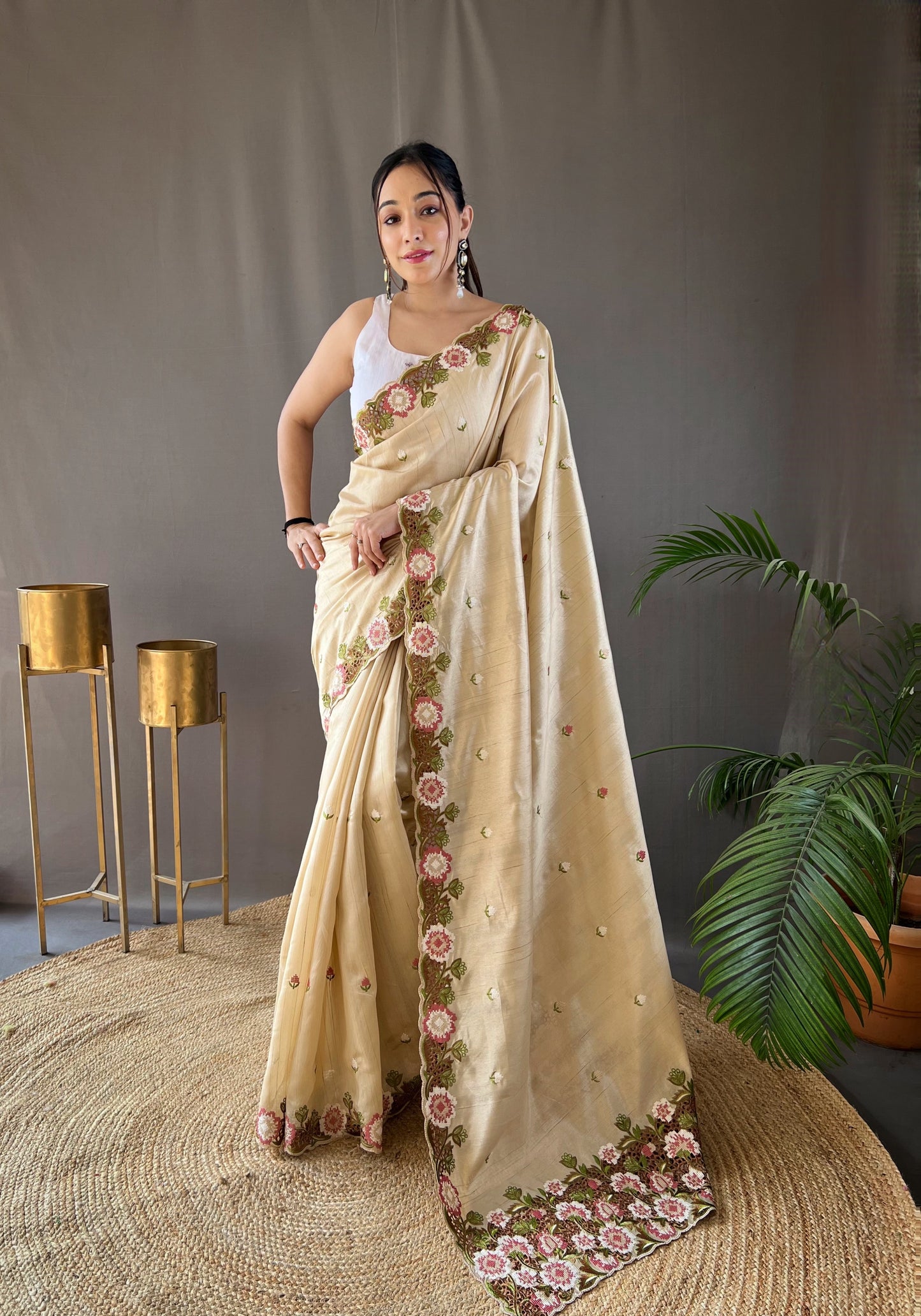 Cream Floral Embroidered Tussar Silk Saree Set