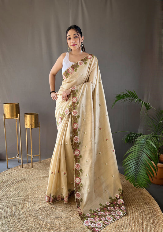 Cream Floral Embroidered Tussar Silk Saree Set