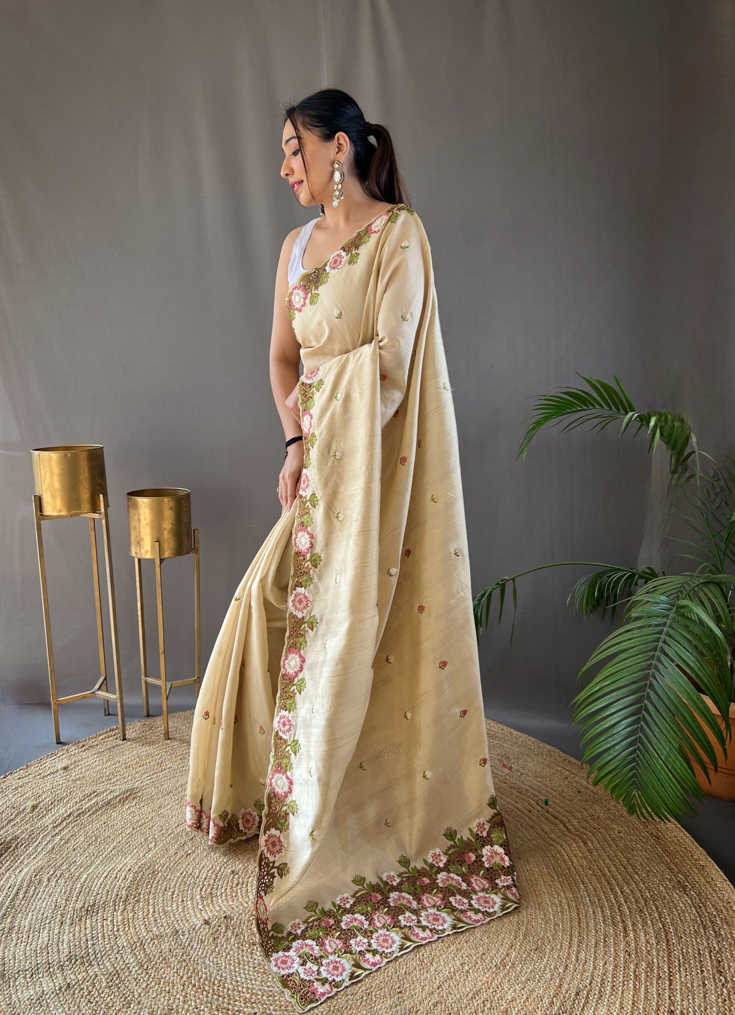 Cream Floral Embroidered Tussar Silk Saree Set